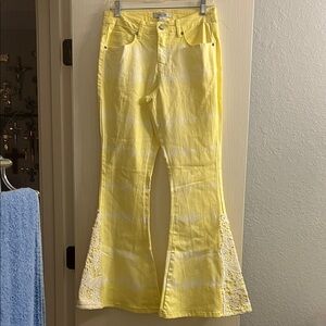 Yellow Flare & Wide Leg Jeans with Lace Detail